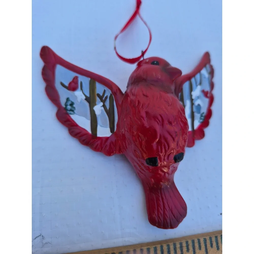 Red Cardinal Christmas Ornaments Set of 2 Winter Scene Hand Painted Bird Decor